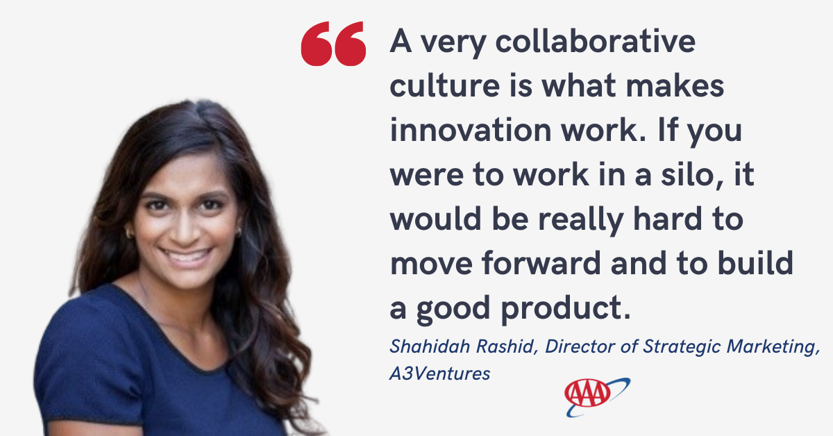 Blog post banner with quote froom Shahida Rashid, Director of Strategic Marketing, A3Ventures