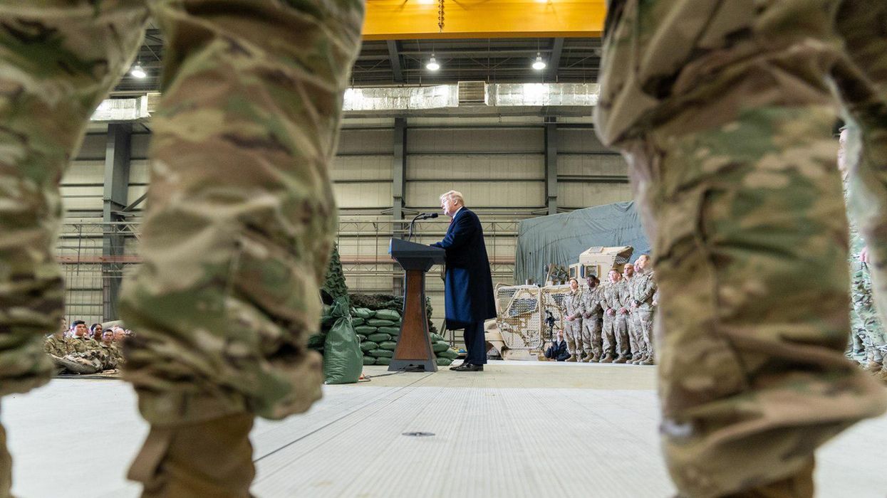 Former President Trump speaks to US troops in Afghanistan.