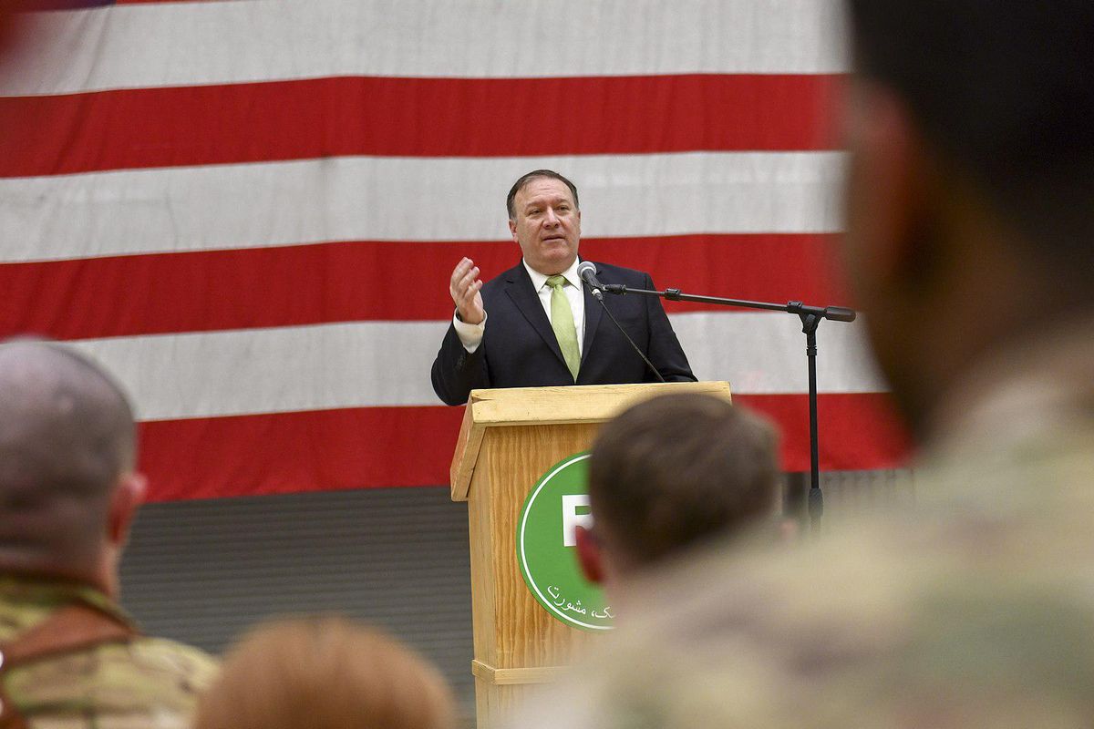 Mike Pompeo speaks to US troops in Afghanistan.