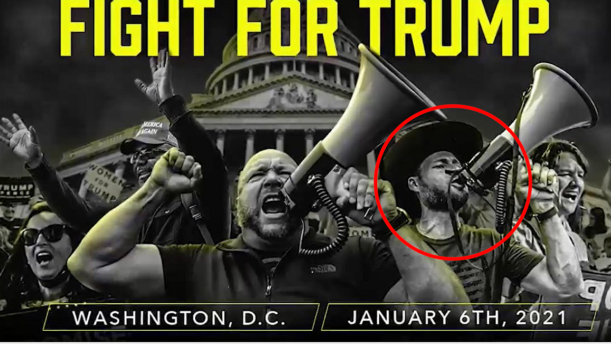 Owen Shroyer, circled, on a poster promoting January 6 with Alex Jones, center.