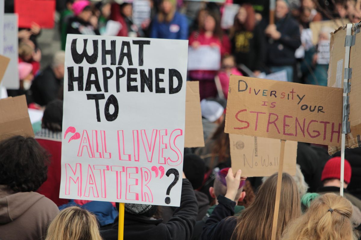 Over 1000 Gathered at the Federal Court in Eugene, Oregon to protest Trump's Immigration Ban. Signs say "What happened to all lives matter?" happened to 'All Lives Matter'?" and "Diversity is our strength."