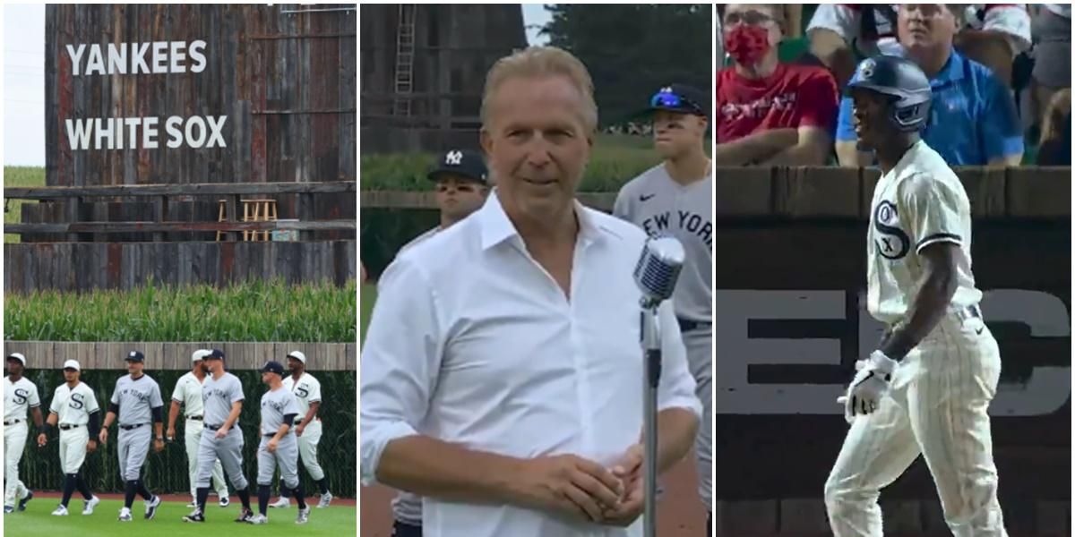 Kevin Costner leads the Yankees and White Sox out of the cornfield