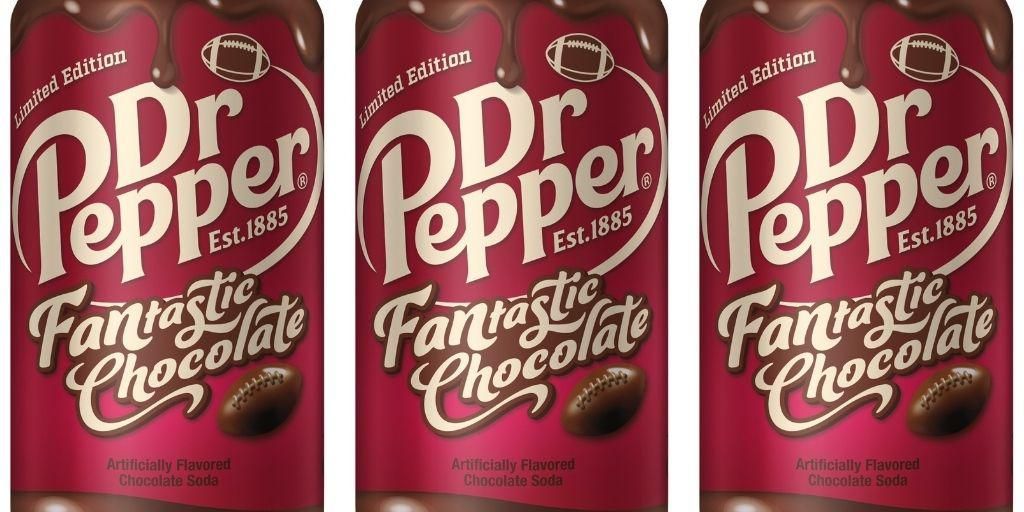 Three cans of Dr Pepper Fantastic Chocolate. The Dr Pepper logo is surrounded by a football, and a football is beneath the Fantastic chocolate logo