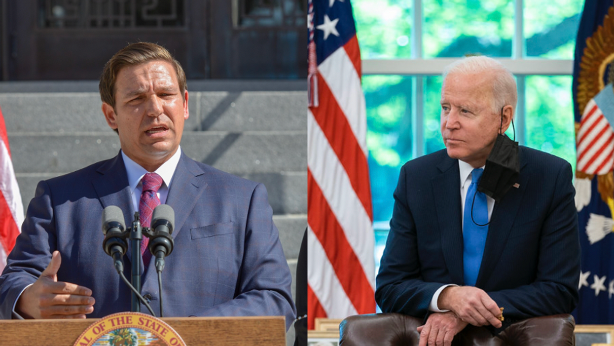 Florida Gov. Ron DeSantis, left, and President Biden, right.