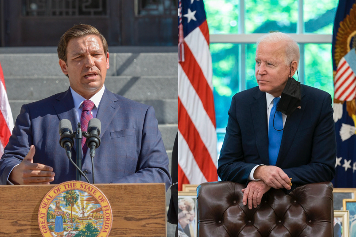 Florida Gov. Ron DeSantis, left, and President Biden, right. 