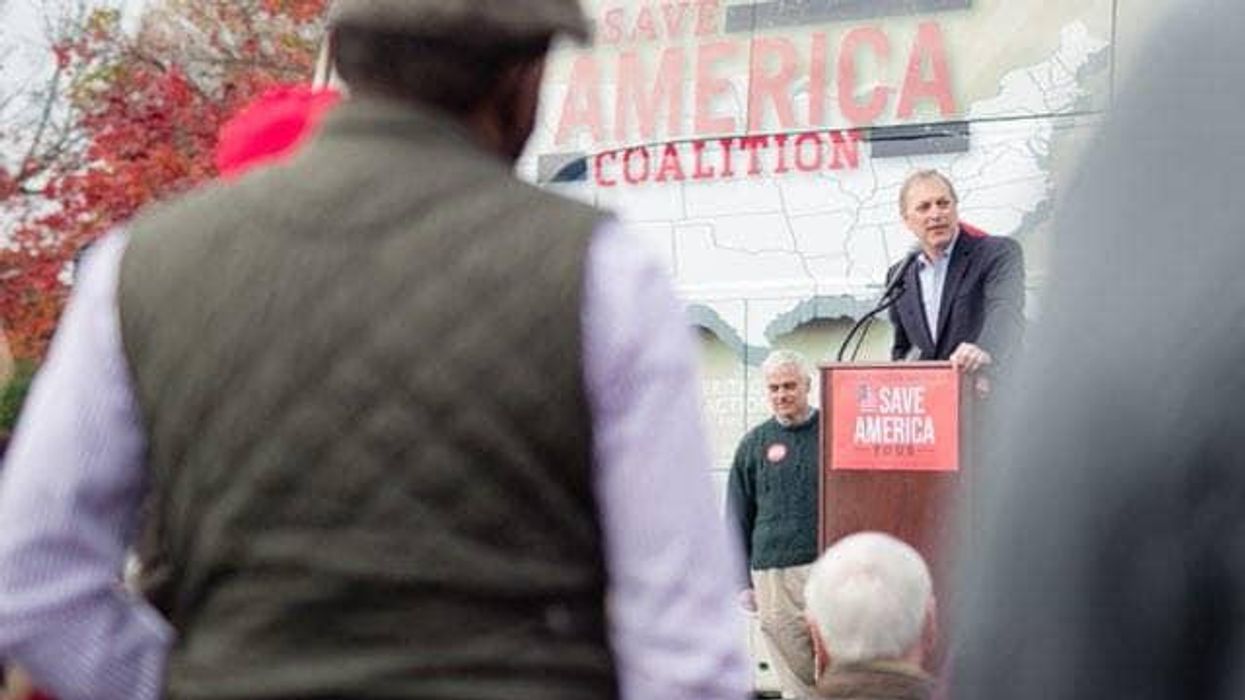 Rep. Andy Biggs speaks at a "Save America" rally. 