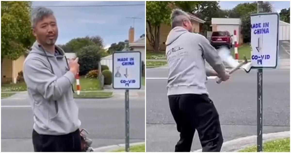 In a brave act of defiance, man destroys racist, anti-Chinese sign posted in his neighborhood