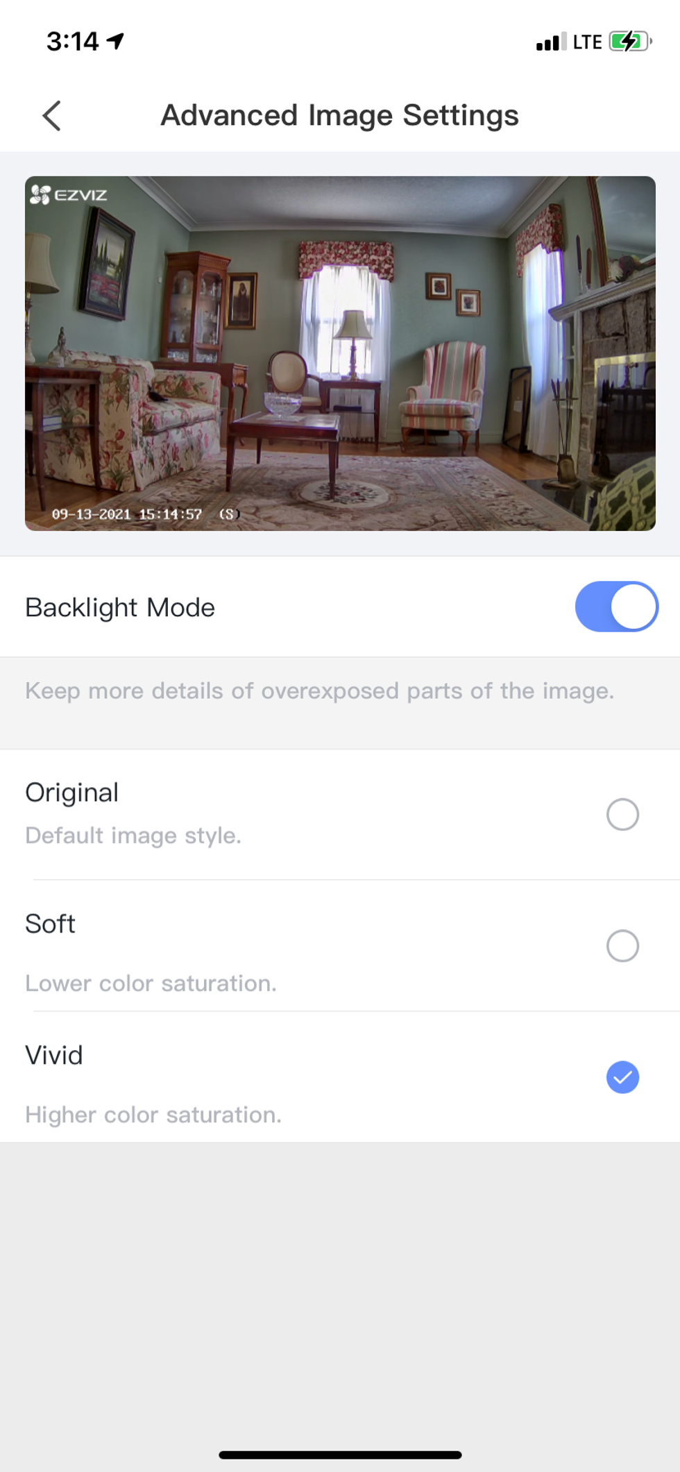 photo of Ezviz app on Advanced Image Settings