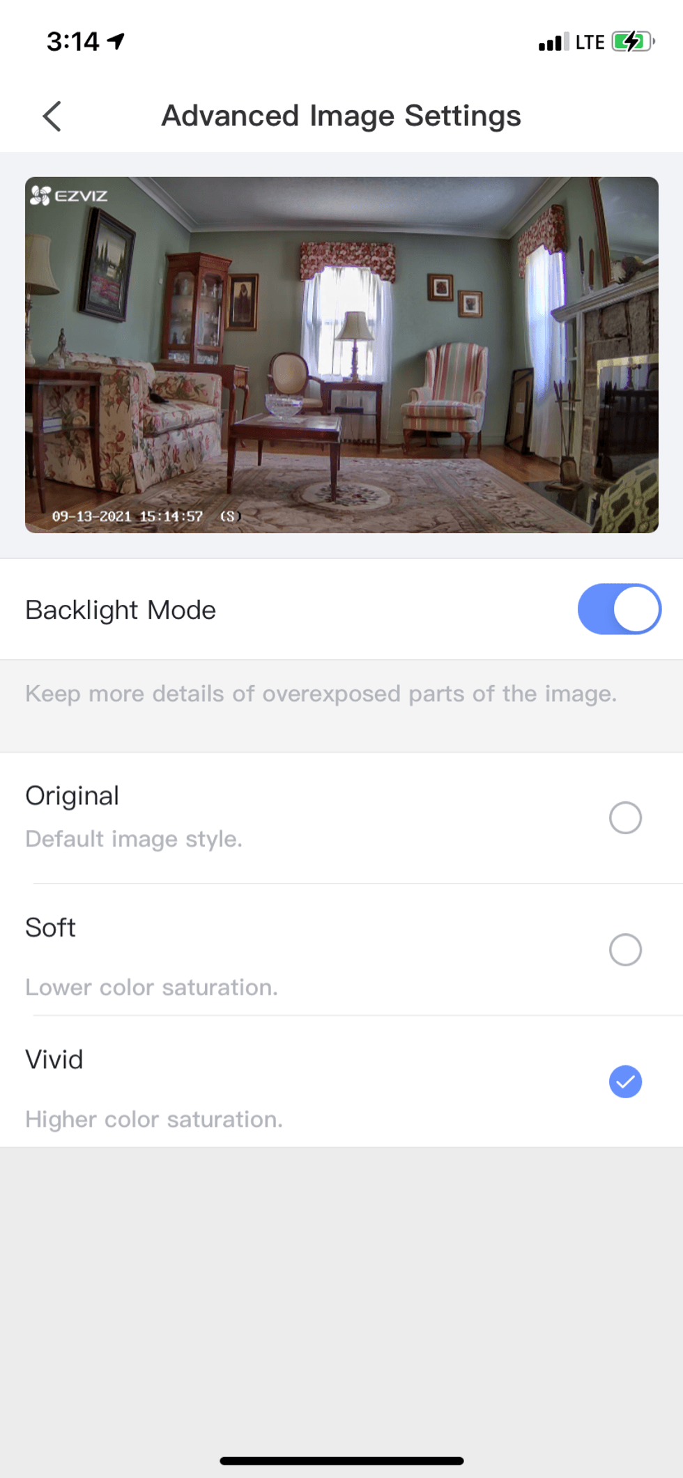 photo of Ezviz app on Advanced Image Settings