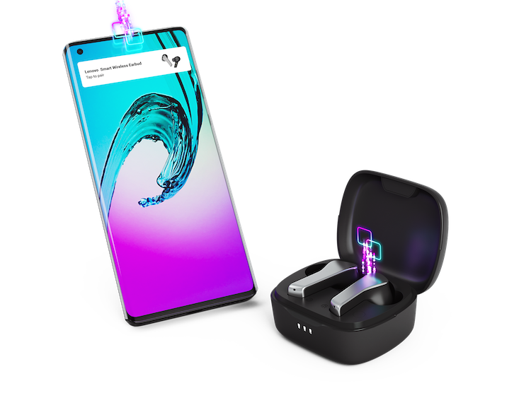 Lenovo Smart Wireless earbuds in a case with smartphone app