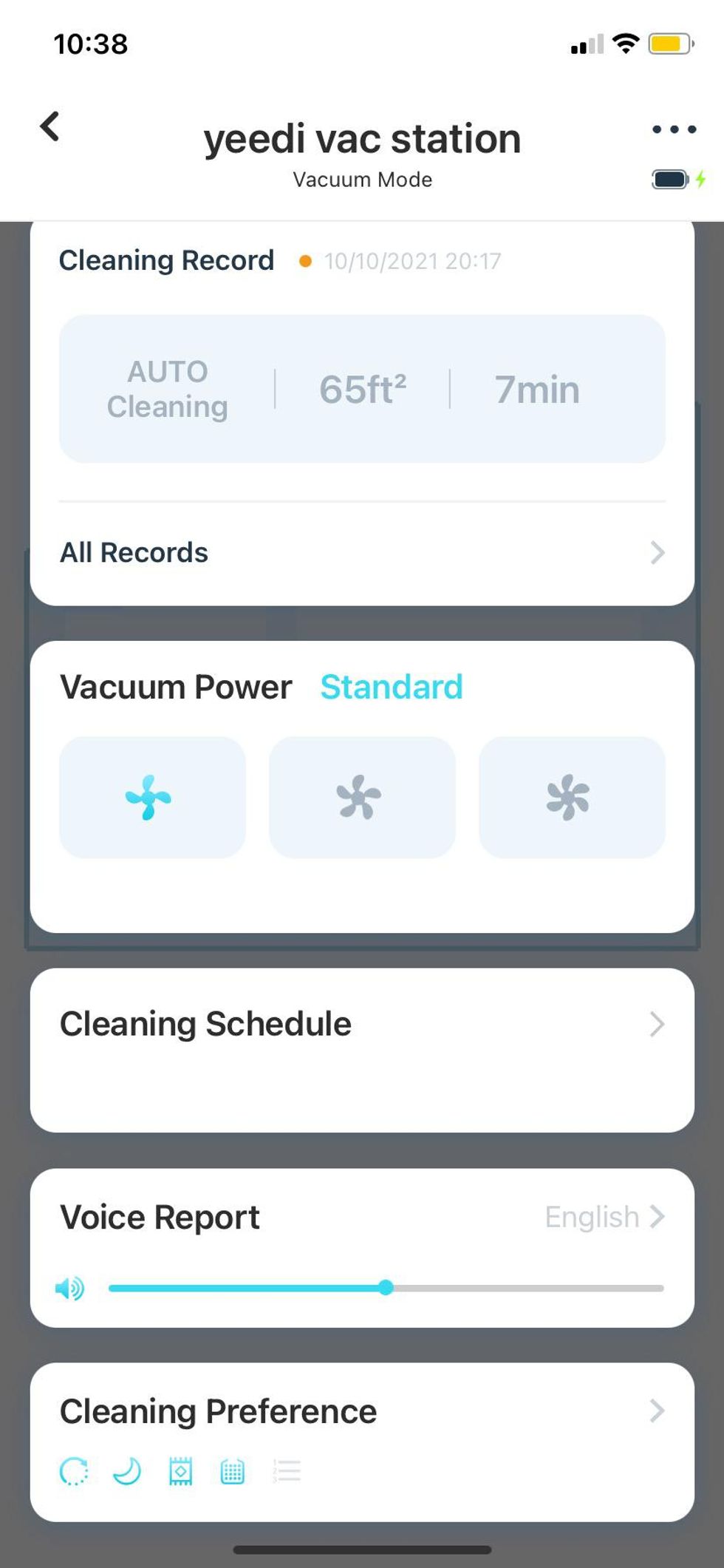 Yeedi app showing vacuum controls