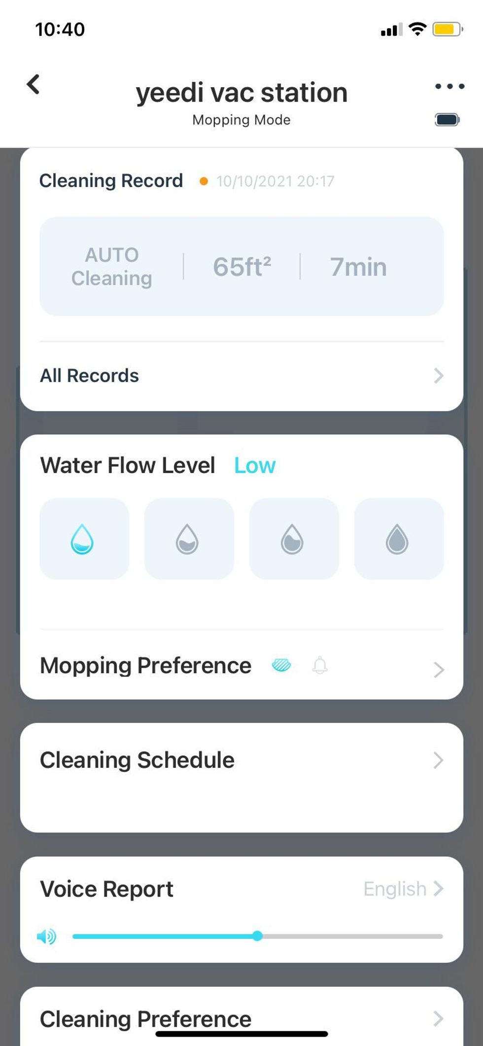 Yeedi app for mopping controls.