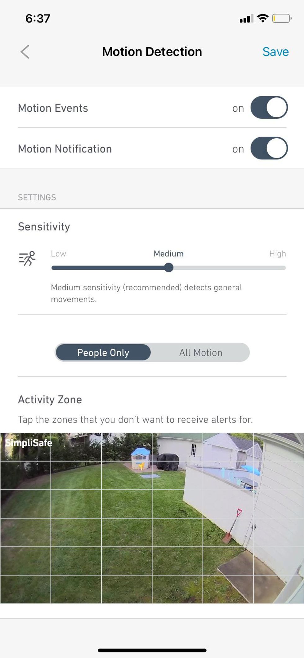 Setup motion zone detection for simplisafe cameras in app.
