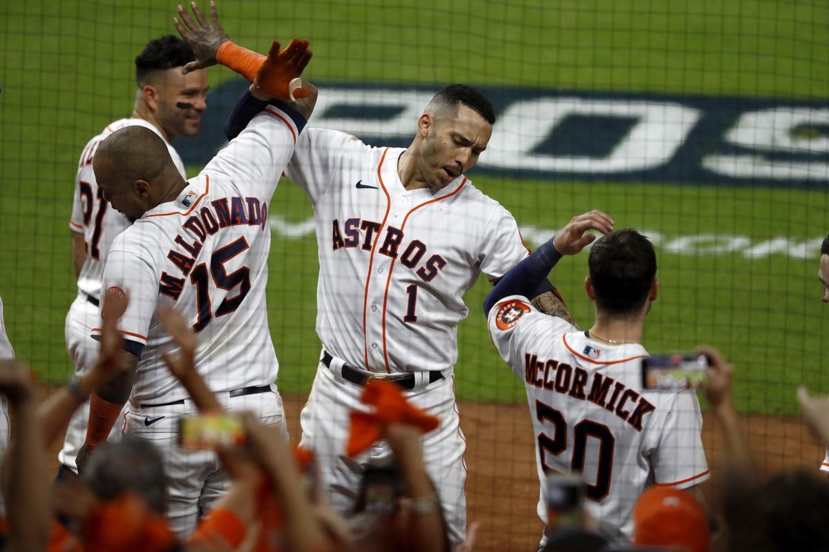 The Houston Astros Celebrating in 2021 ALCS Game 1