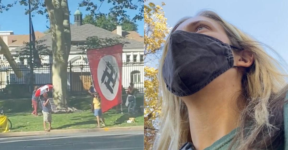 TikToker Expertly Confronts Anti-Vaxxer Flying Massive Swastika Flag In Her Neighborhood