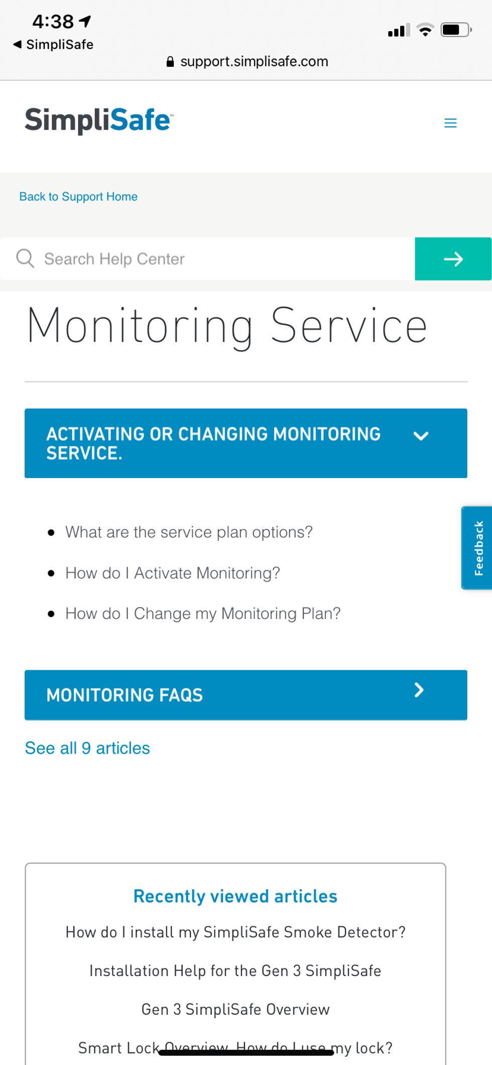 SimpliSafe Monitoring Plans in app