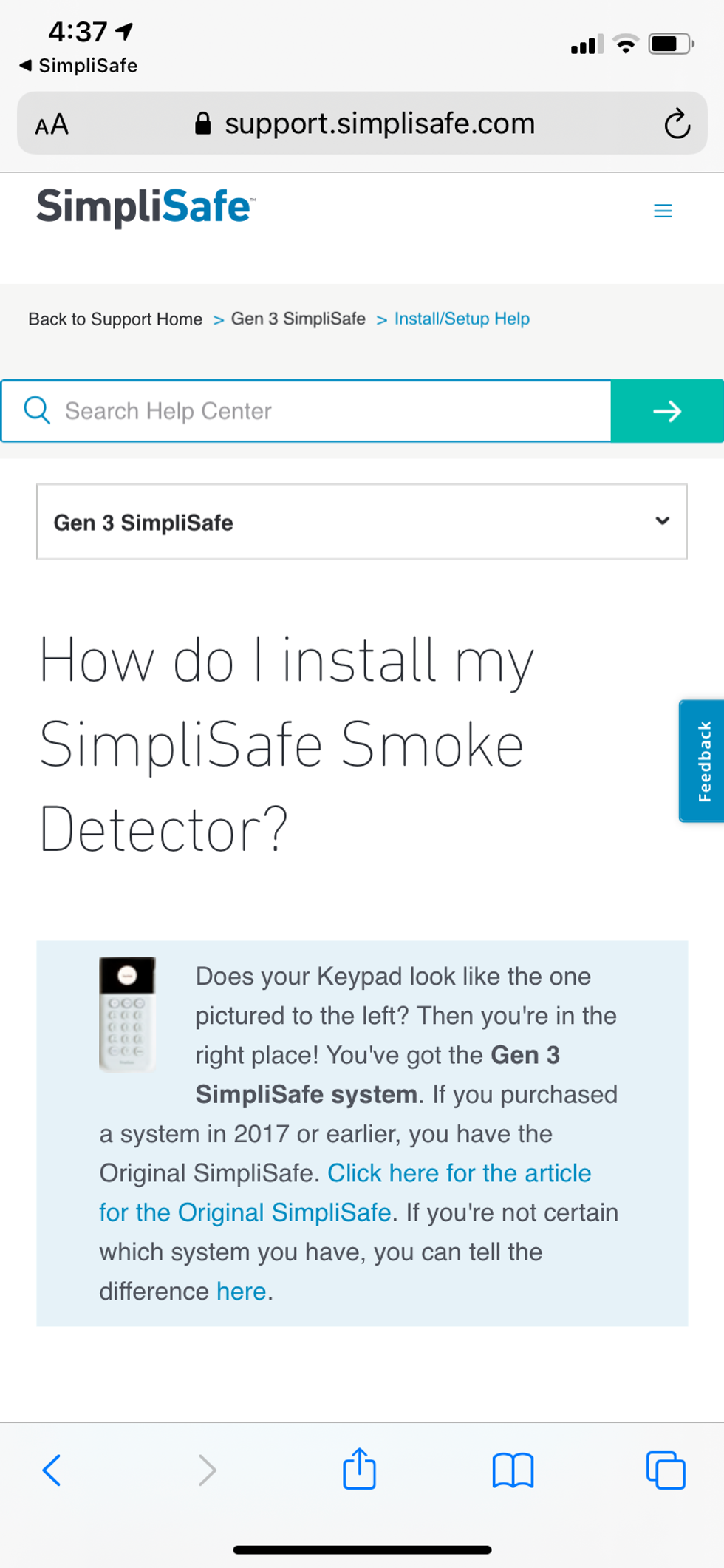 instructions in SimpliSafe app on how to install smoke detector.