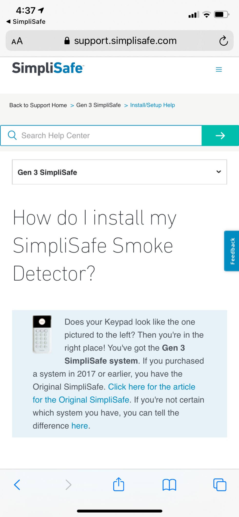 instructions in SimpliSafe app on how to install smoke detector.
