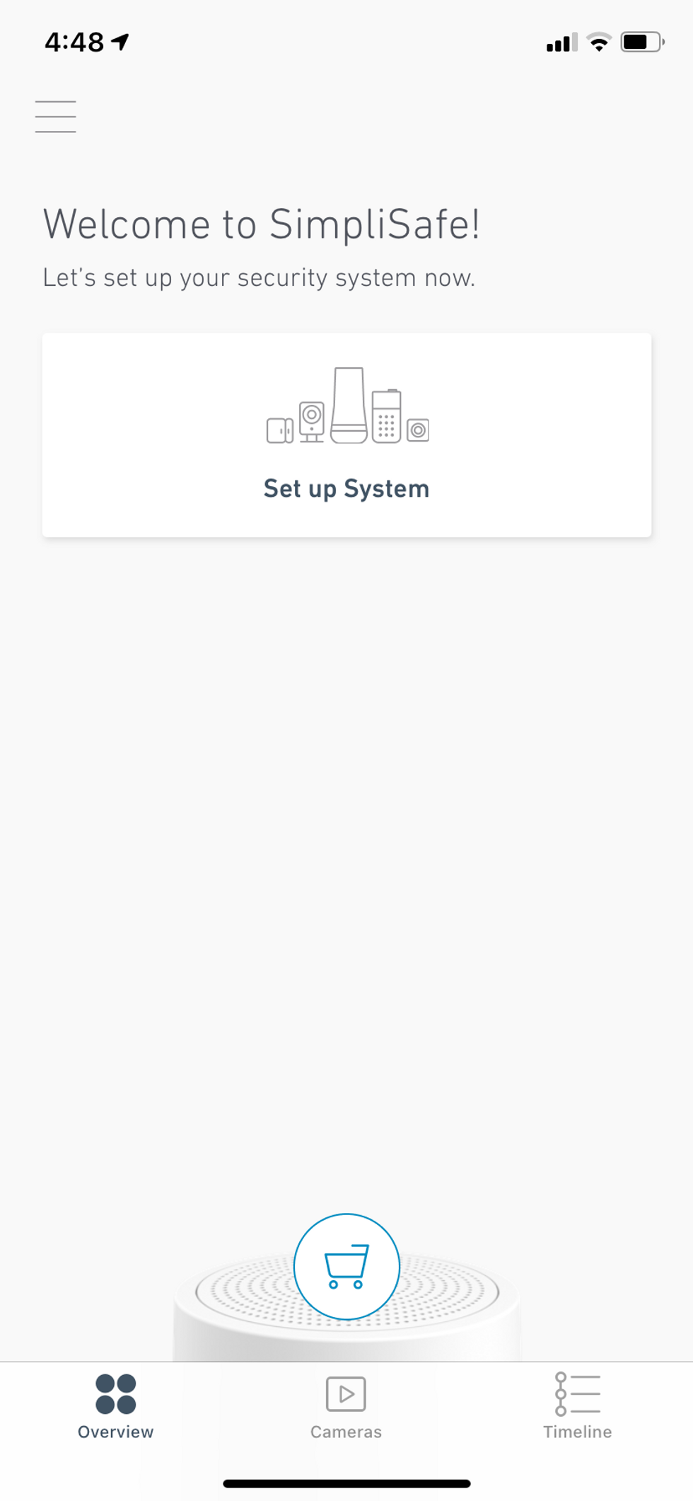 SimpliSafe app screen for setting up your system.