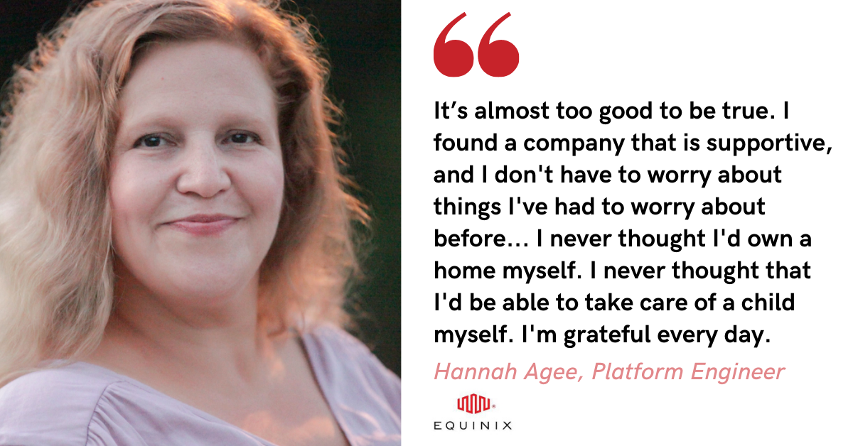 Blog post banner with quote from Hannah Agee, Platform Engineer at Equinix