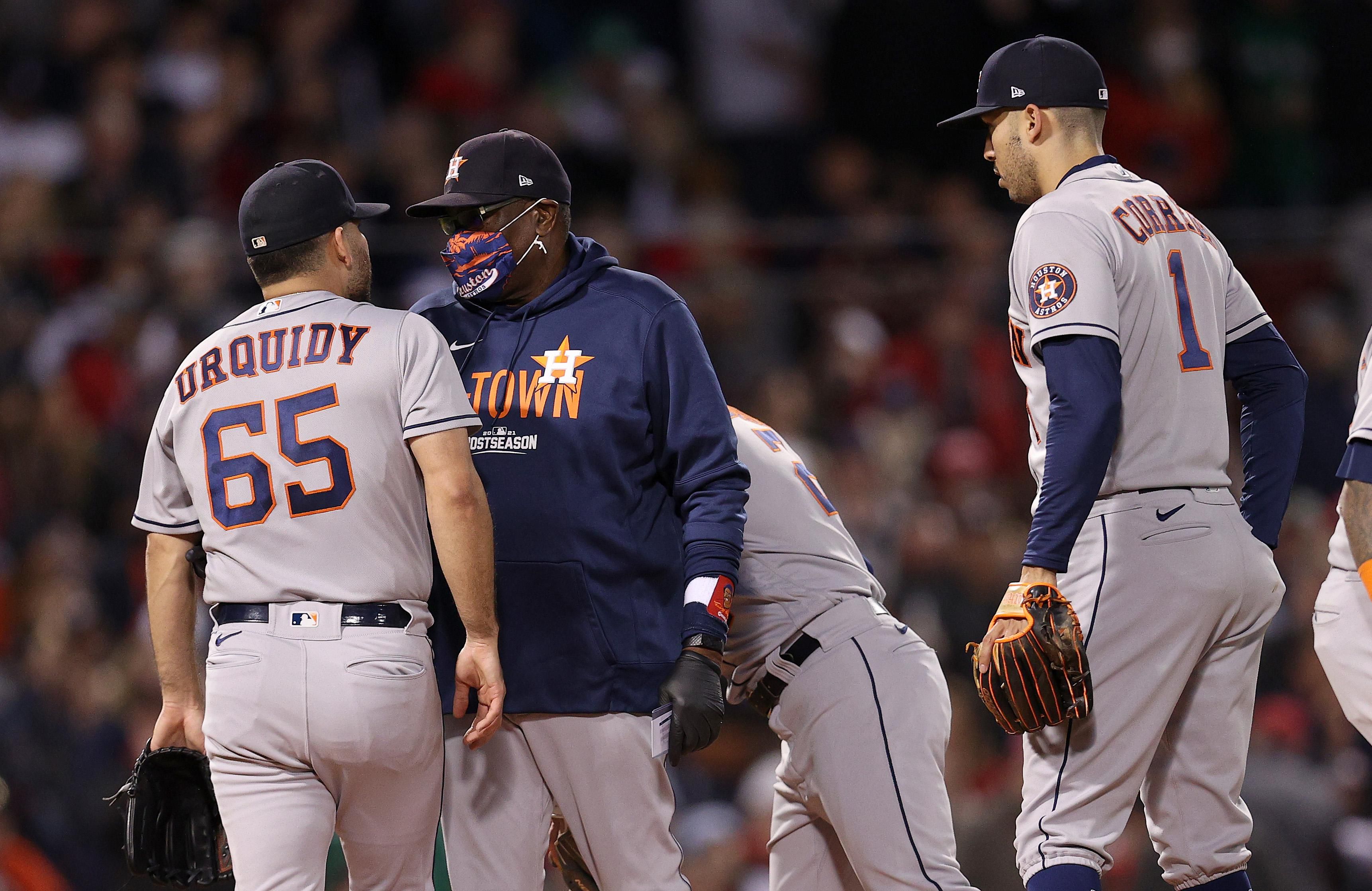 Astros' Jose Urquidy, Dusty Baker, and Carlos Correa