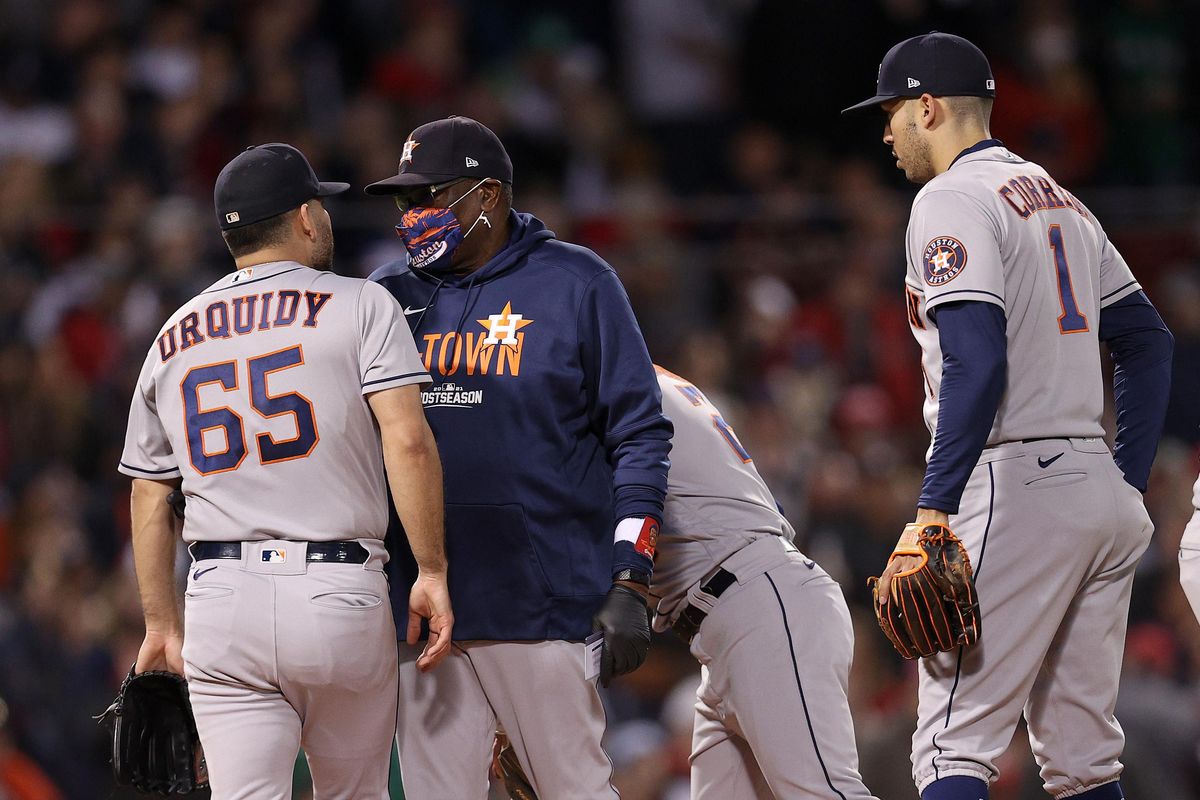 Astros' Jose Urquidy, Dusty Baker, and Carlos Correa
