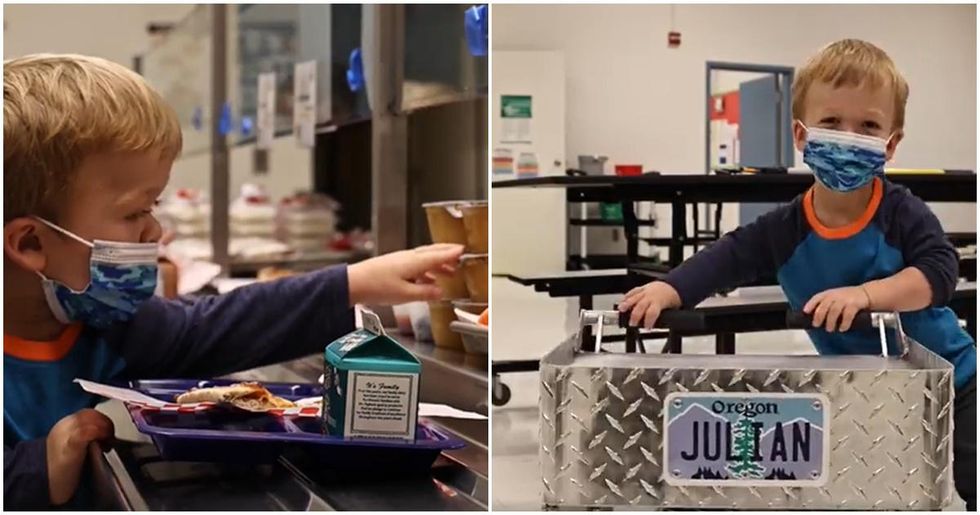A boy with dwarfism struggled to get his lunch. So a cafeteria worker made him a souped-up cart.