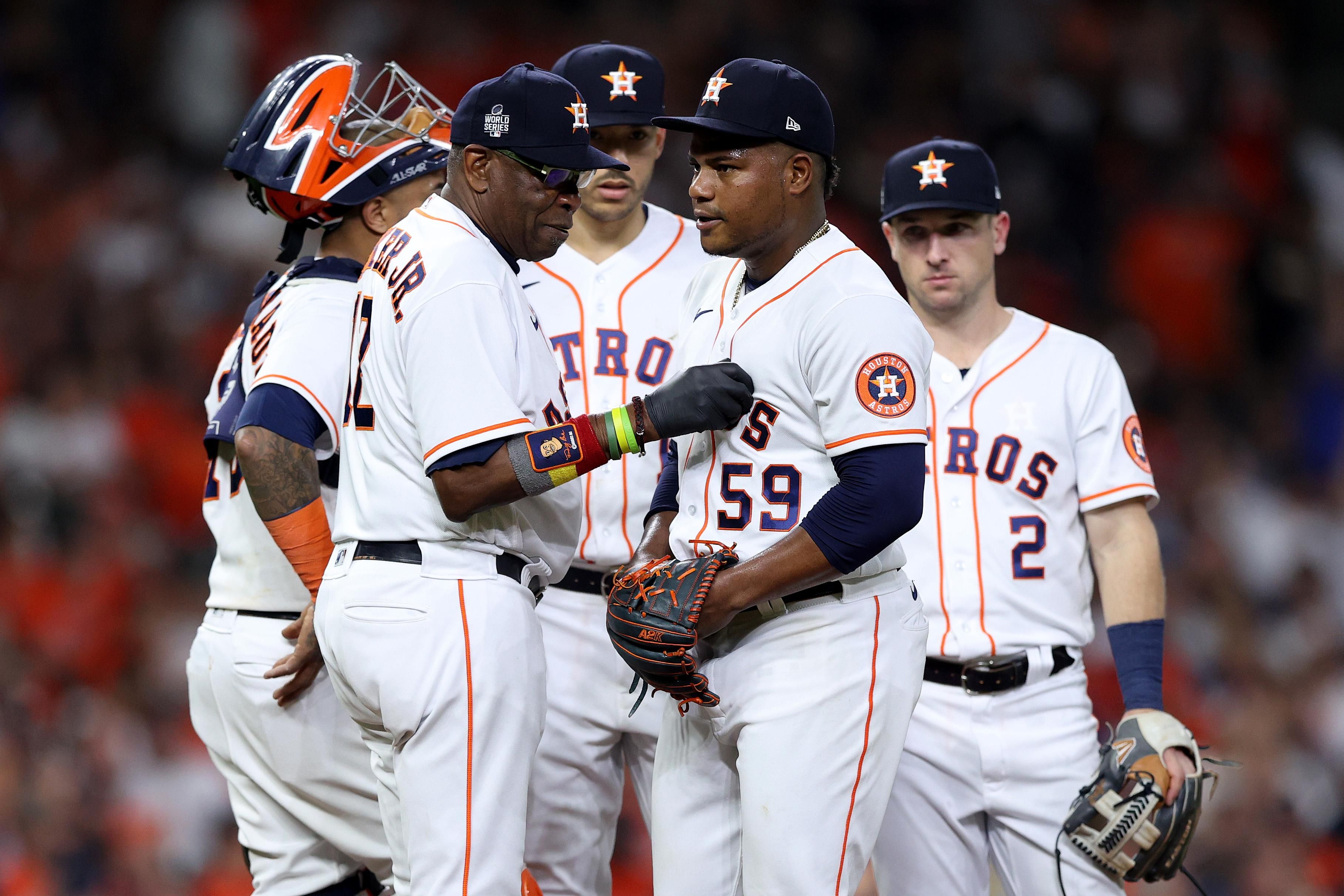 Astros' Dusty Baker and Framber Valdez in 2021 World Series Game 1