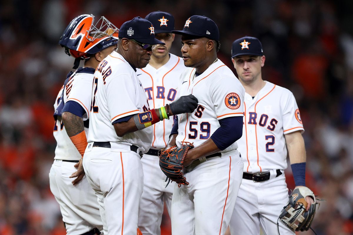 Astros' Dusty Baker and Framber Valdez in 2021 World Series Game 1