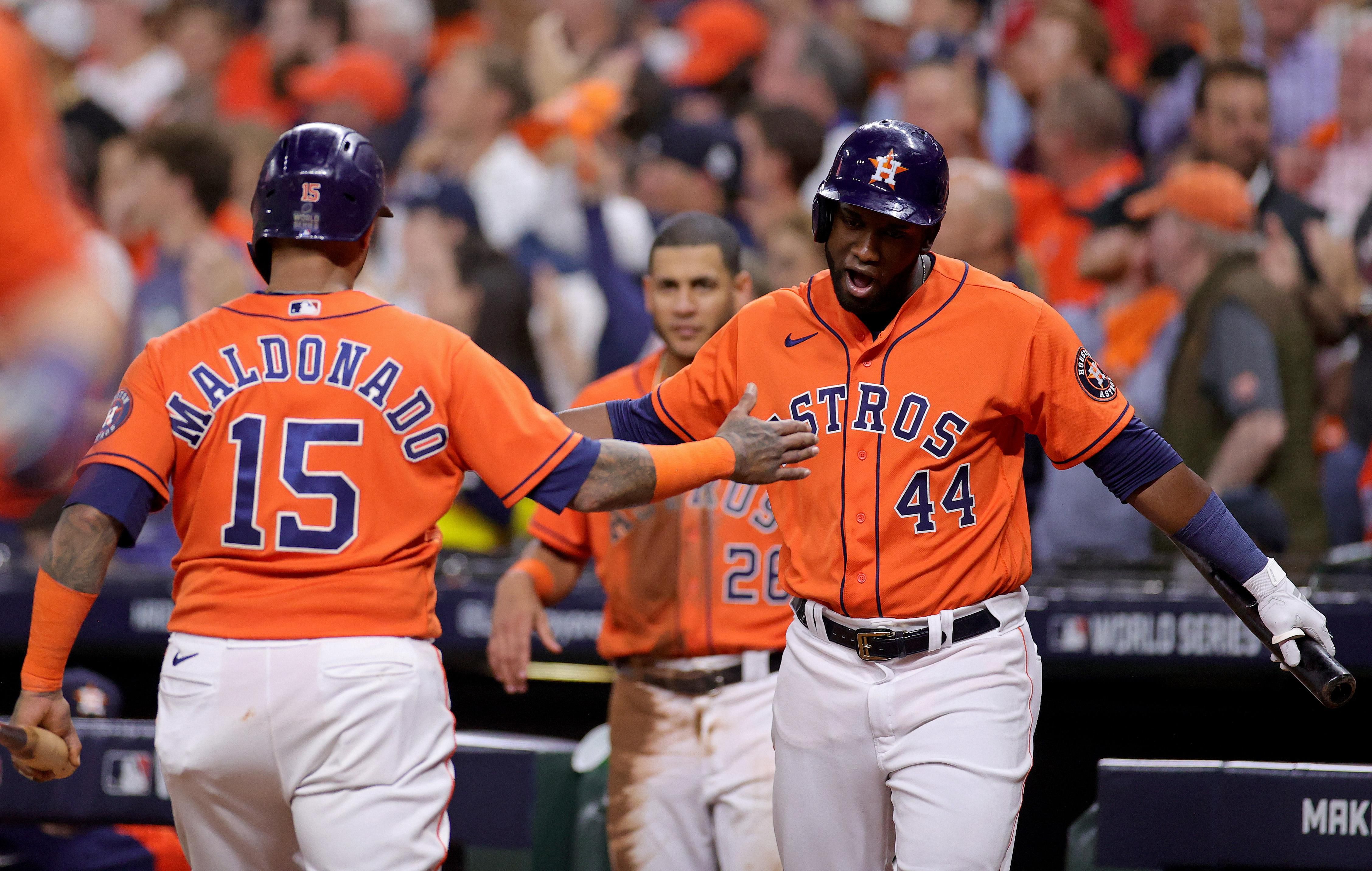 Astros' Martin Maldonado and Yordan Alvarez Celebrating in World Series Game 2