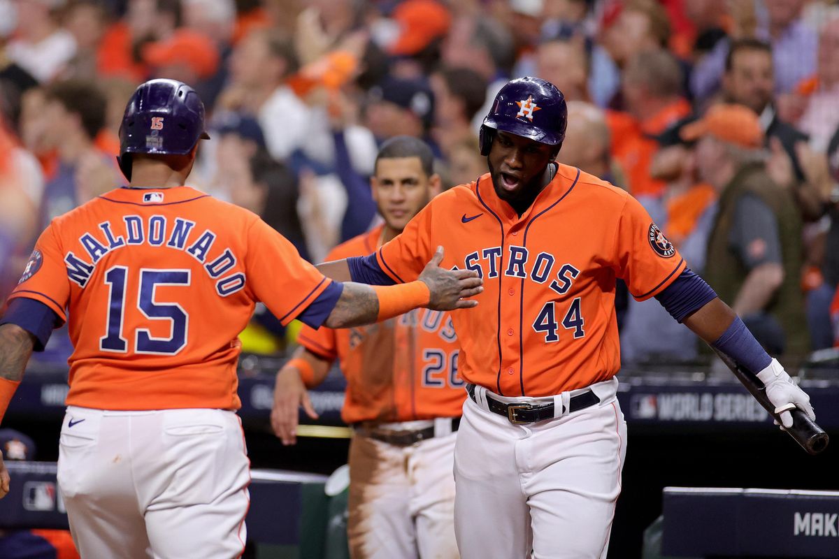 Astros' Martin Maldonado and Yordan Alvarez Celebrating in World Series Game 2