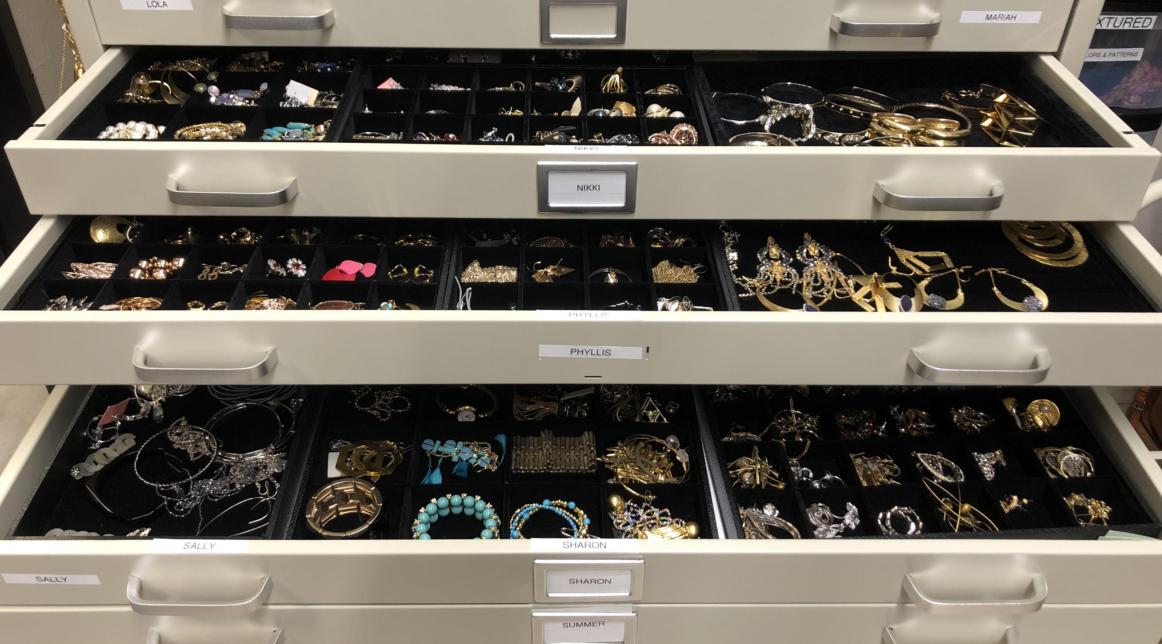 Drawers of jewelry backstage on the Y&R set