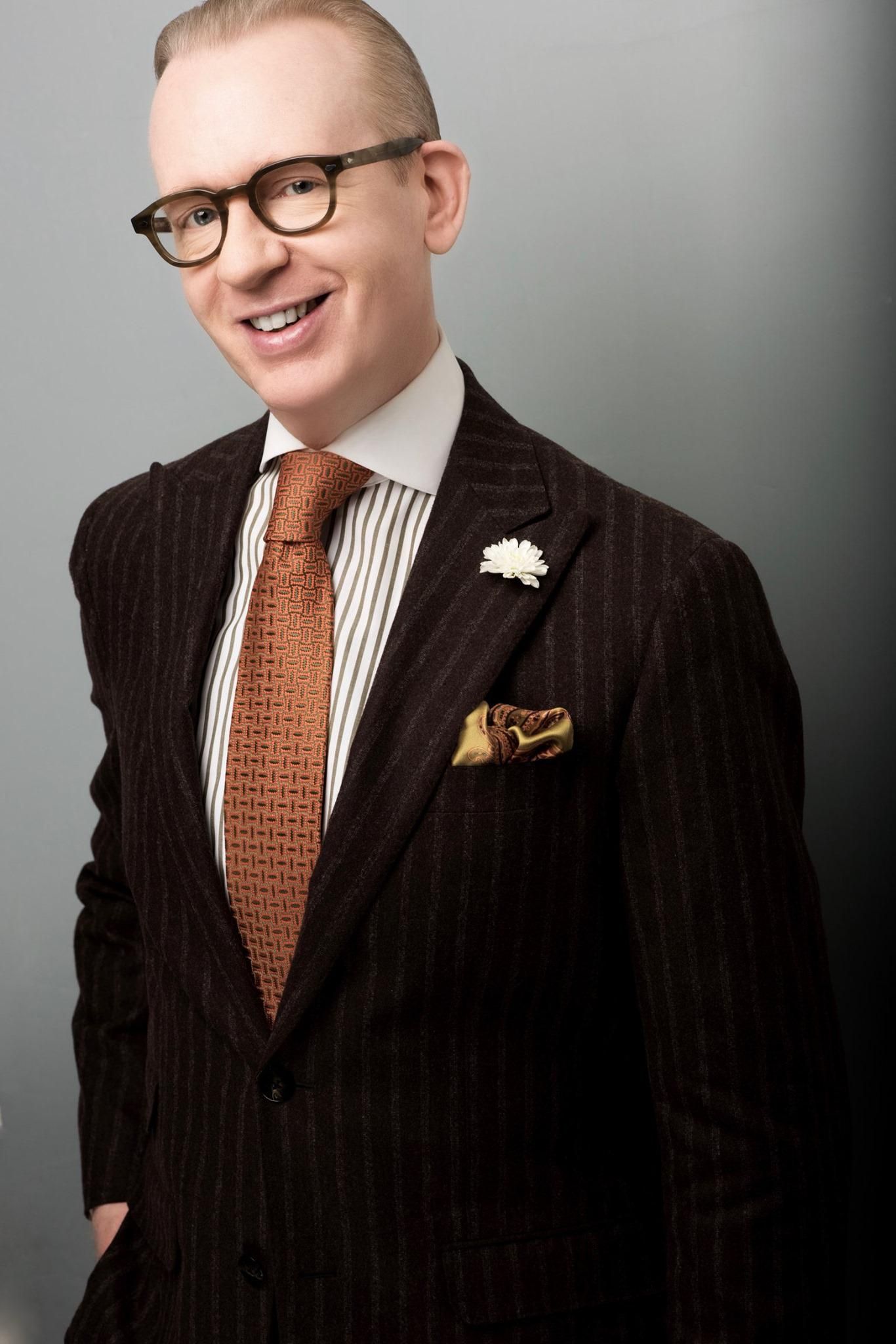 Emmy-winning The Young and the Restless costume designer David Zyla in a textured brown suit and pocket square.