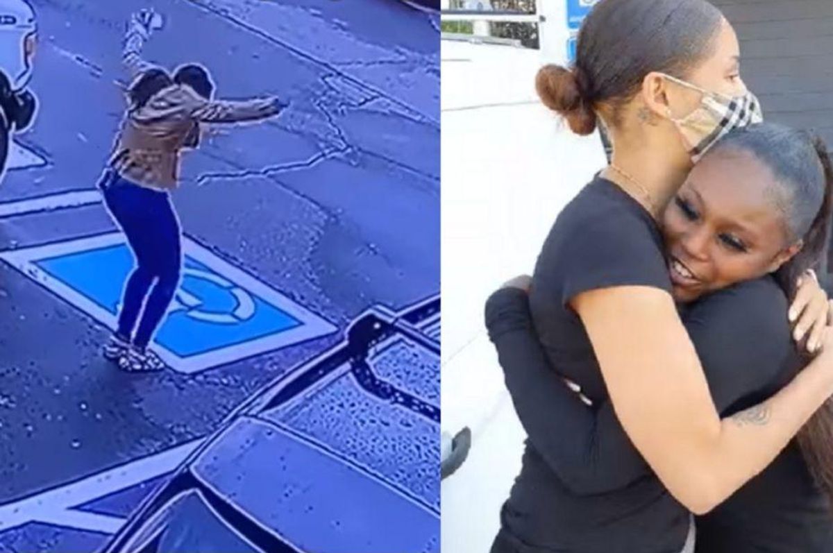 woman happy dance parking lot