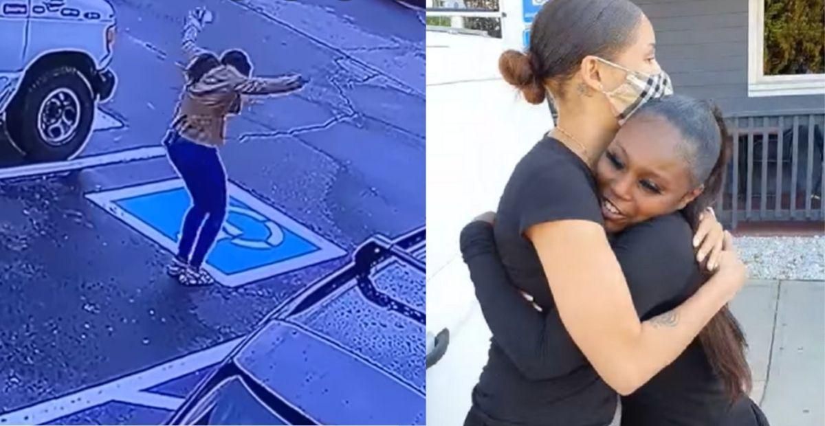 woman happy dance parking lot 