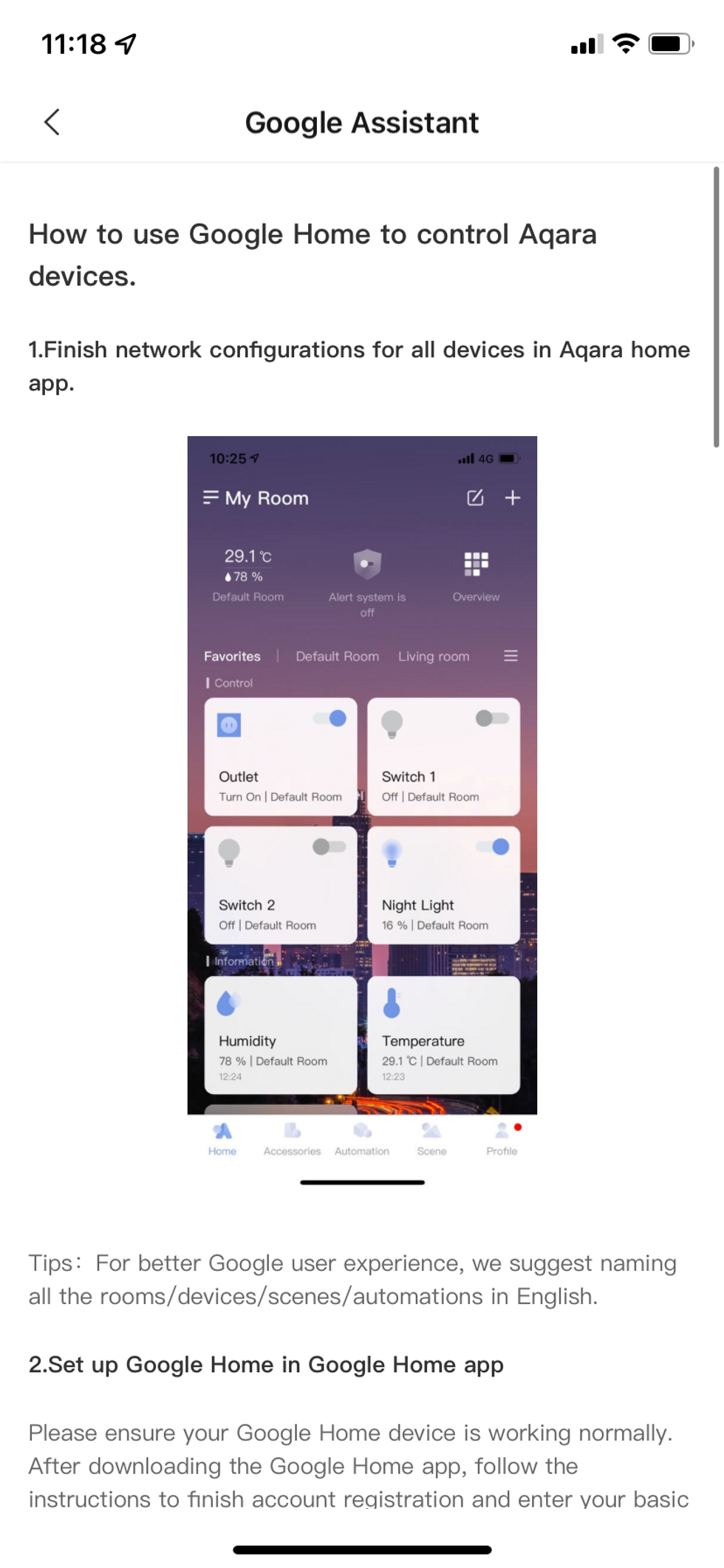 Google Home app showing Aqara Home integrations with aqara hub,