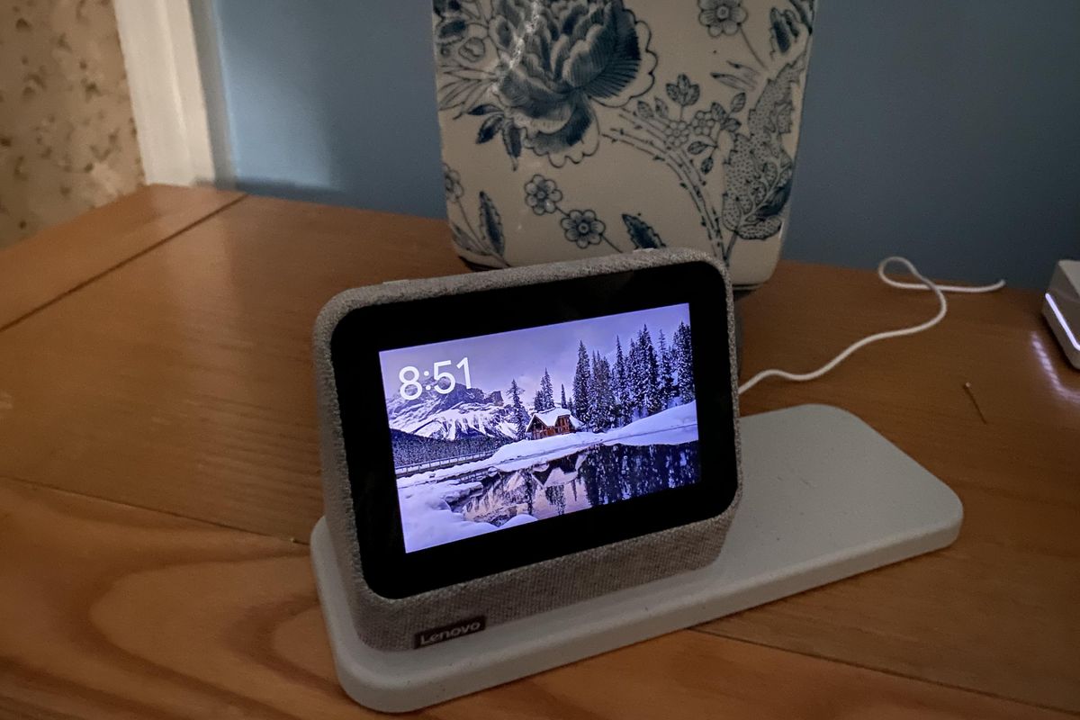 Lenovo Smart Clock 2 with Charging Station on a nightstand