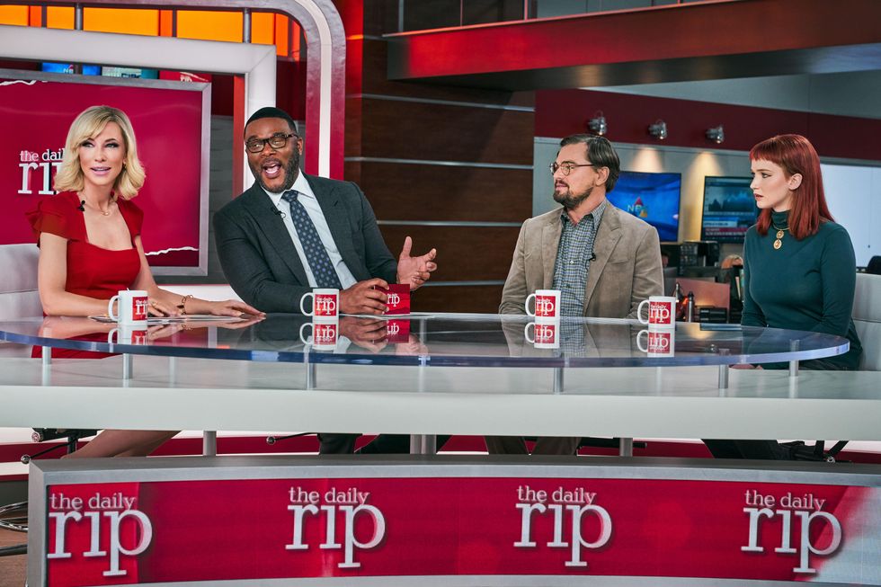 From left to right: Cate Blanchett (Brie Evantee), Tyler Perry (Jack Bremmer), Leonardo DiCaprio (Dr. Randall Mindy) and Jennifer Lawrence (Kate Dibiasky) chat on a TV talk show in the Netflix film "Don't Look Up."