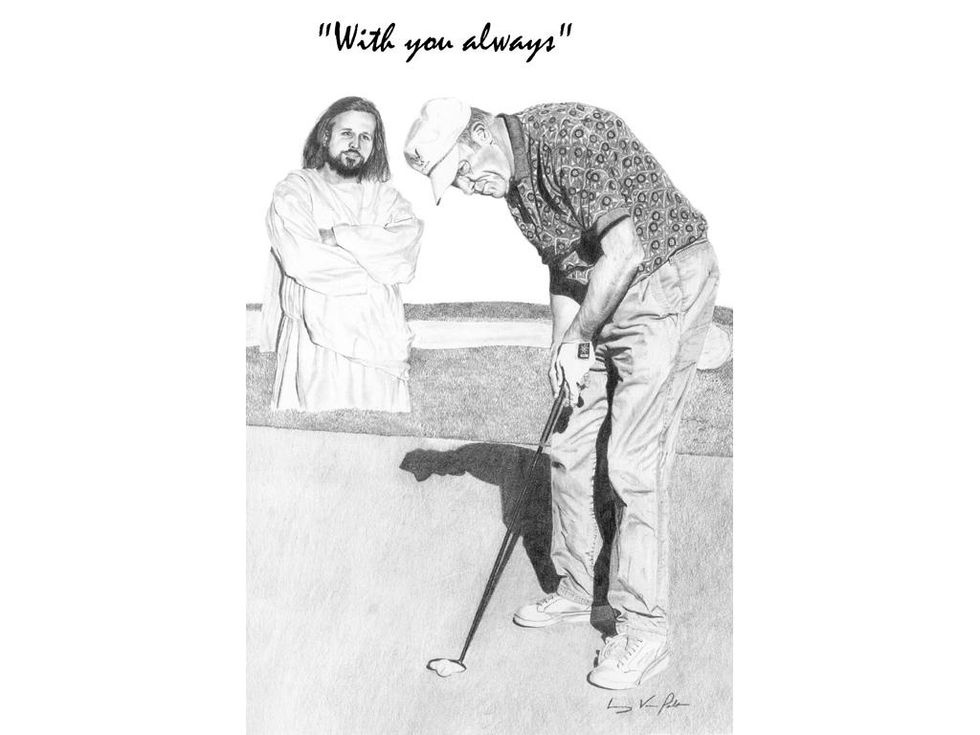 Jesus watching a dude play golf