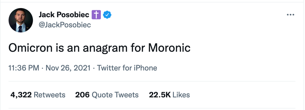 Jack Posobiec tweet: Omicron is an anagram for Moronic
