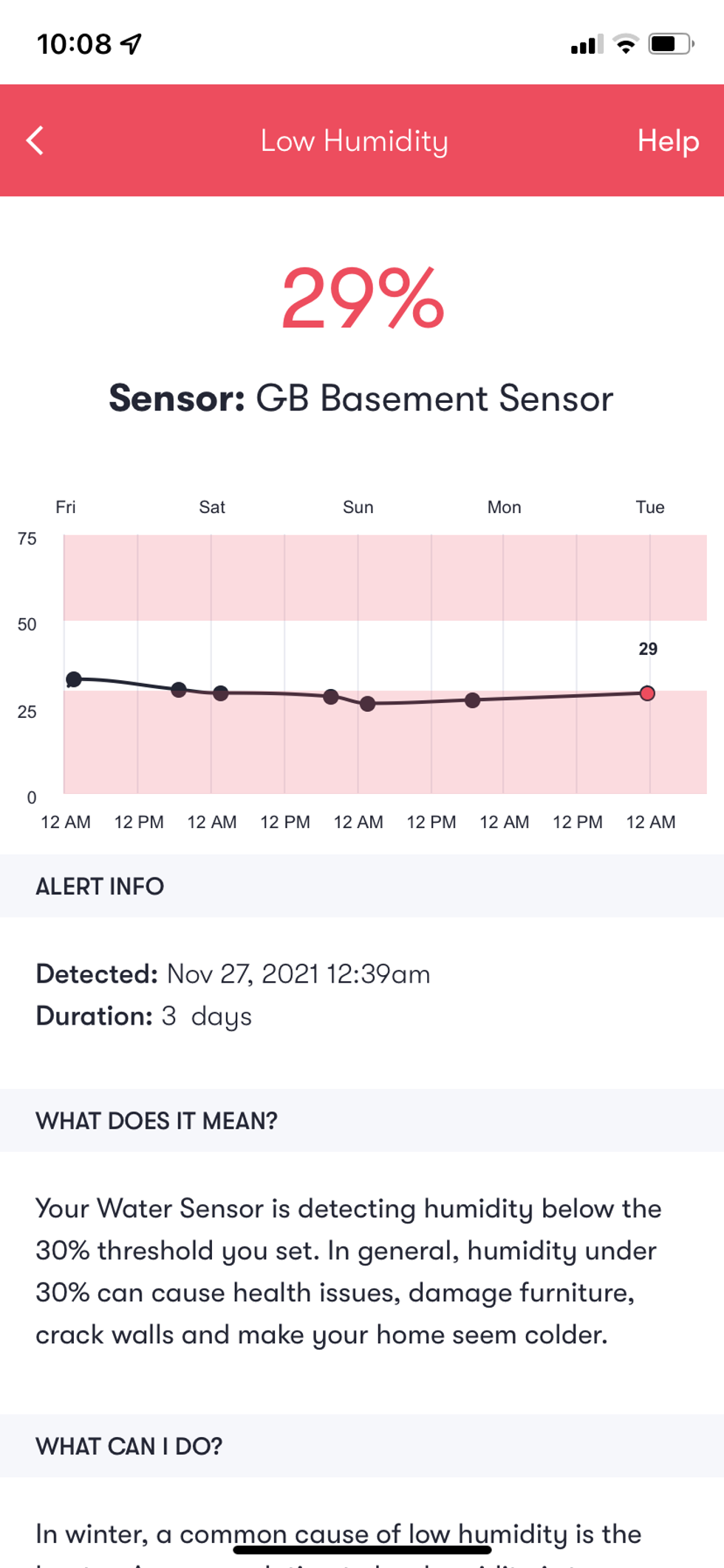 Phyn app showing humidity readings from phyn smart water sensor