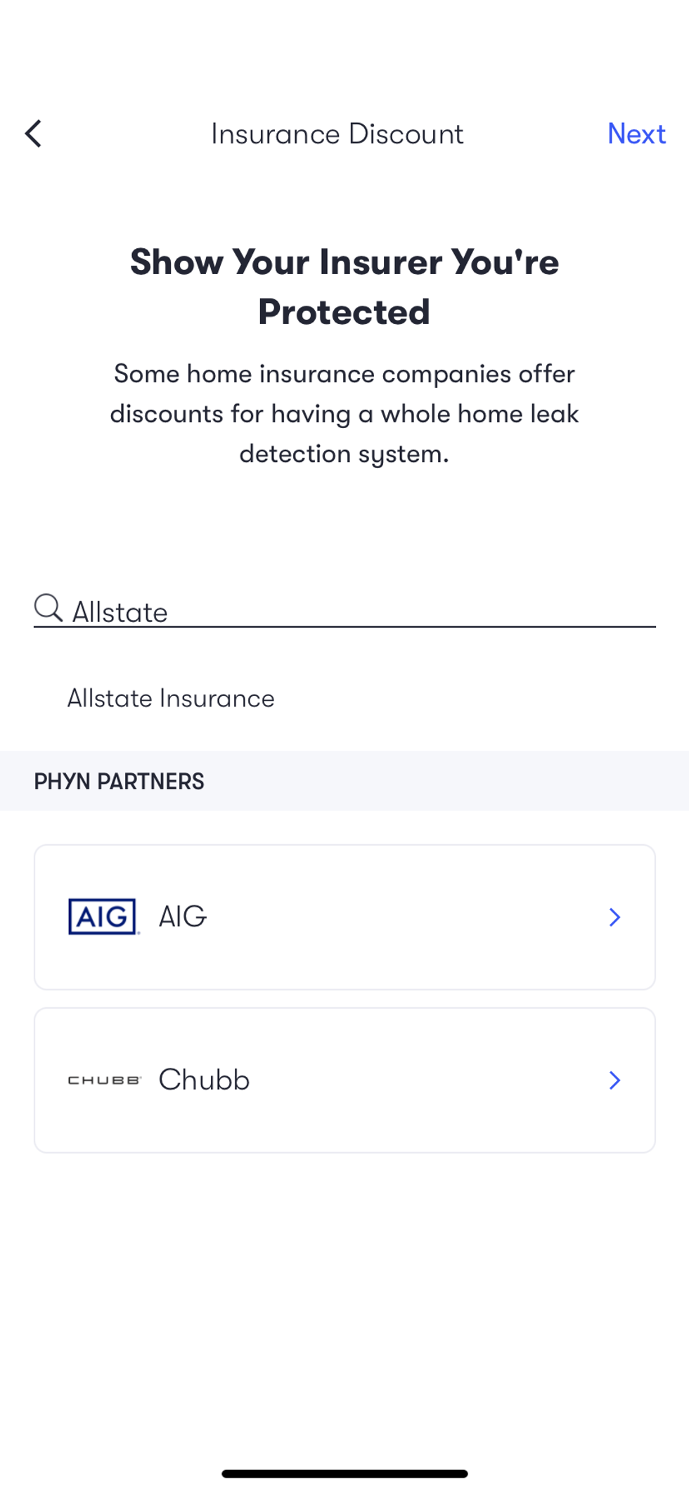 Searching for insurance provider in phyn app