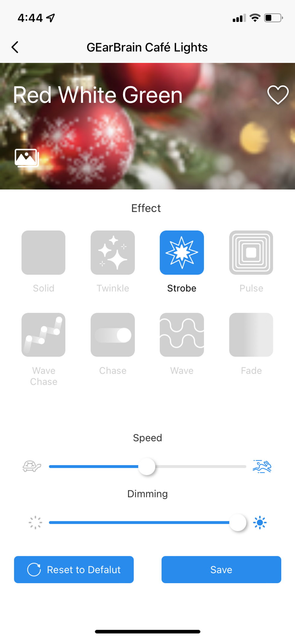 screenshot of enbrighten mobile app of setting up special effects for smart cafe lights.