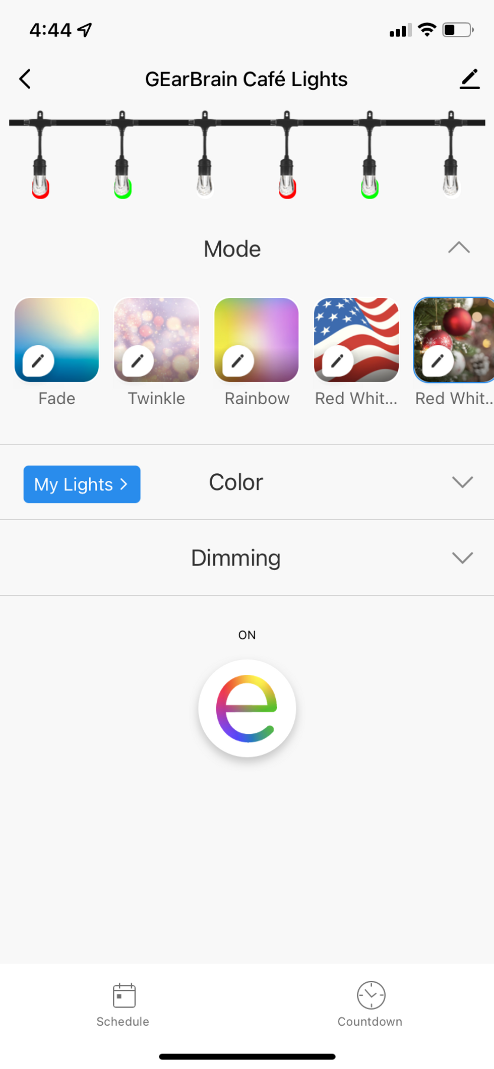app showing how to select modes for your Enbrighten smart cafe lights.