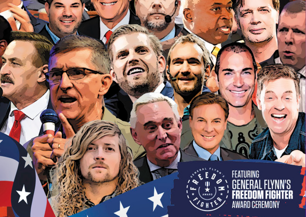 Flyer featuring Jim Breuer, Roger Stone, Mike Pence, MyPillow Guy and others.