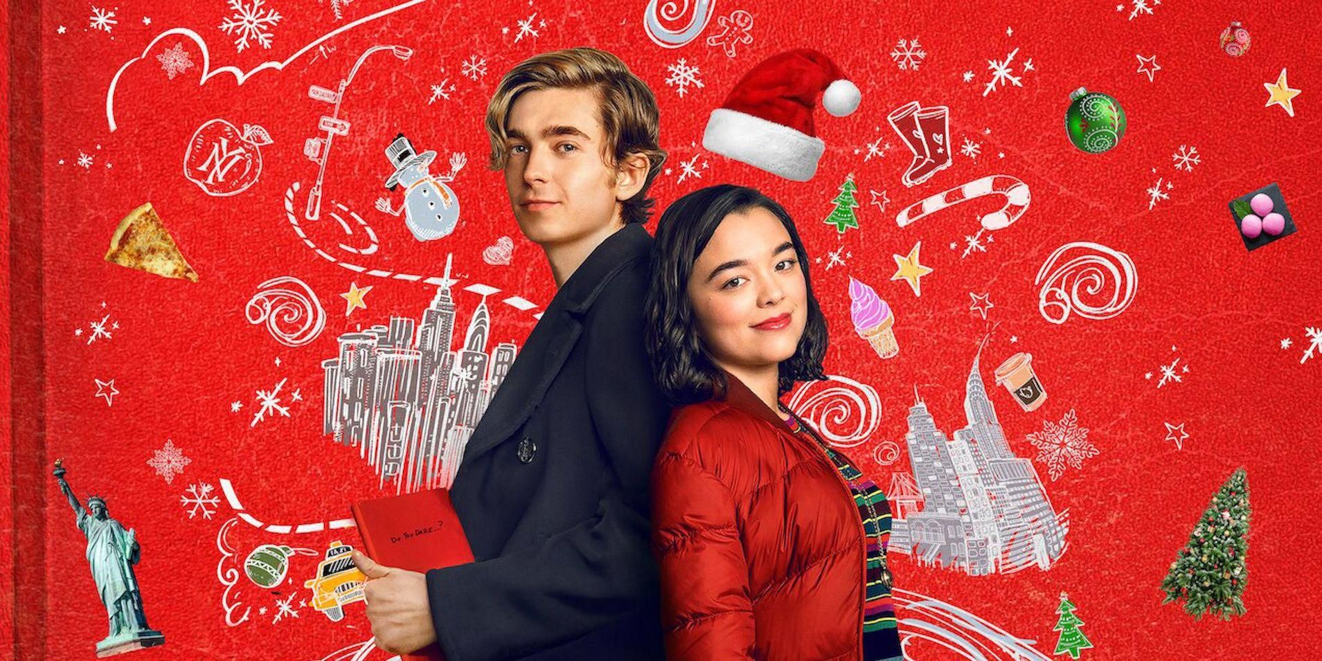 Dash and Lily stand back-to-back against a background of red book cover with New York and Christmas memorabilia swirling around them.