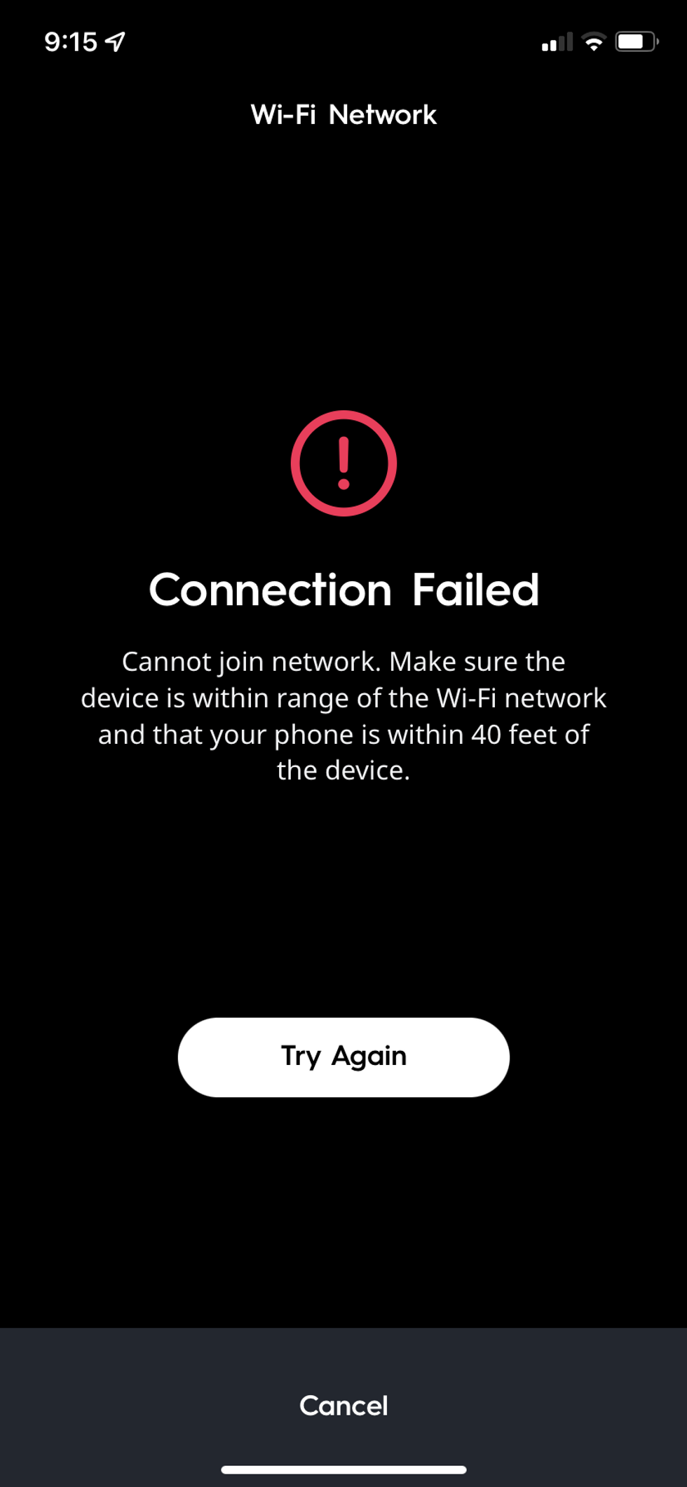 Cync app showing connecting to home wifi failed.