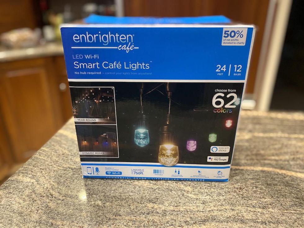 Enbrighten LED Wi-Fi Smart Cafe Lights box on a countertop