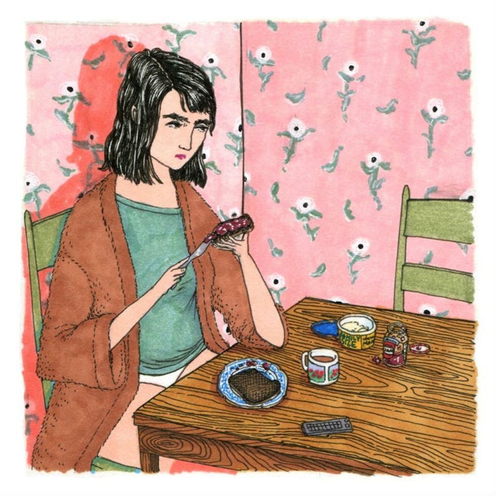 illustration of woman in her underwear sitting at the table spreading jam on bread