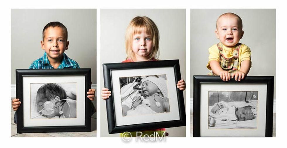 three siblings each hold black and white photographs of themselves as premature babies